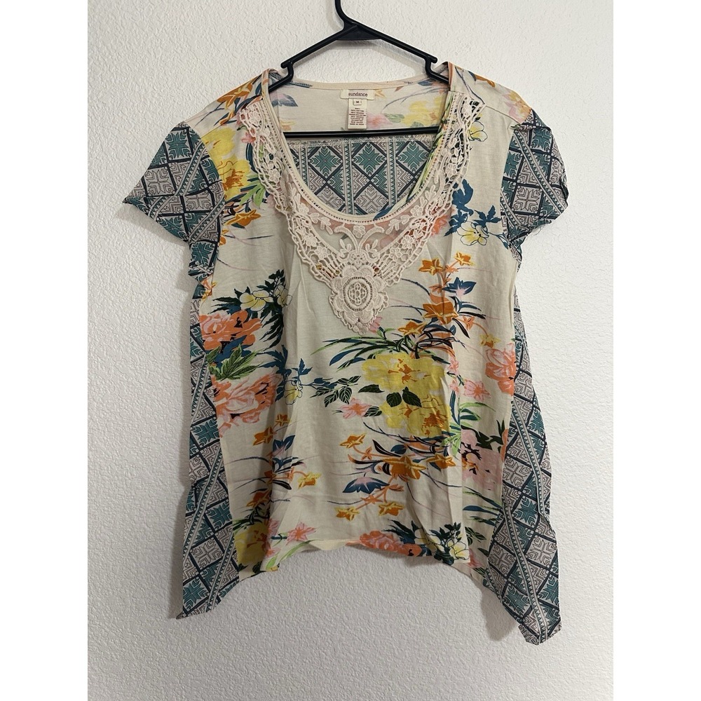 Sundance Top Women M Colorful Floral Bohemian Crochet Spring Casual Mom